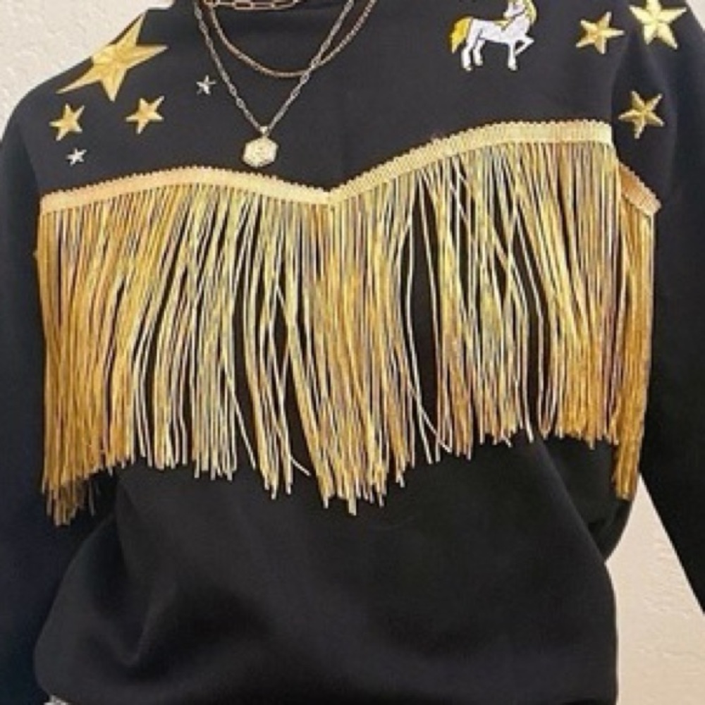 Topshop Black Sweatershirt with Gold Fringe and Star Accents